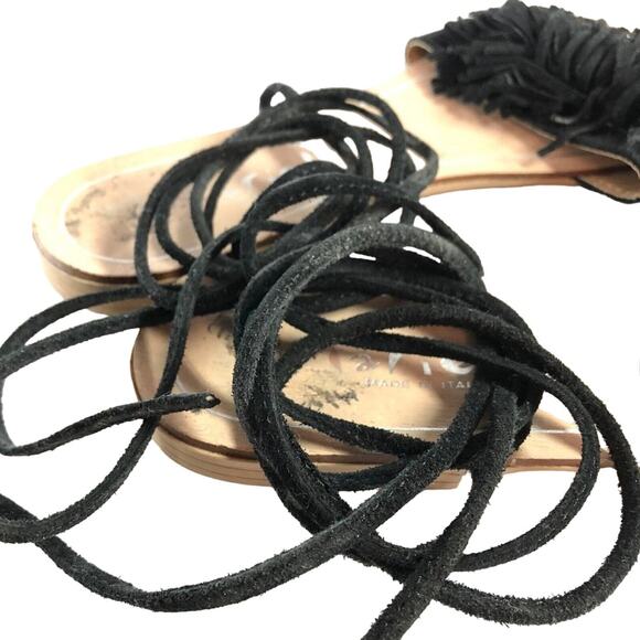 Mariella Womens Fringe Ankle Strap Black Leather ITALY Made Sandals sz 6.5 / 7 - Picture 2 of 8